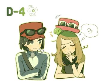 +++ 1boy 1brad 1girl ? ?? bracelet calem_(pokemon) closed_mouth collared_shirt commentary_request eyewear_on_headwear gen_6_pokemon grey_eyes hat jacket jewelry korean_commentary legendary_pokemon looking_to_the_side nintendo pink_hat pokemon pokemon_xy puff_of_air red_hat serena_(pokemon) shirt sleeveless sleeveless_shirt smile speech_bubble sunglasses thought_bubble white-framed_eyewear white_background zipper_pull_tab zygarde zygarde_core