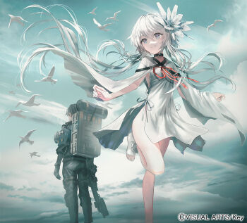 1boy 1girl animal backpack bag bird black_choker black_jacket black_pants blue_eyes blue_sky building choker closed_mouth cloud commentary_request day dress facing_away floating_hair gun hair_between_eyes holding holding_gun holding_weapon jacket jude_gray_(tsui_no_stella) key_(company) key_visual long_hair long_sleeves looking_to_the_side low_twintails official_art open-toe_shoes outdoors pants philia_(tsui_no_stella) promotional_art red_ribbon ribbon ruins second-party_source shoes sky skyscraper smile split_mouth standing standing_on_one_leg tsui_no_stella twintails very_long_hair weapon white_bird white_dress white_hair white_shoes