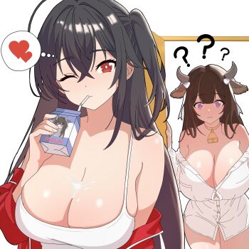 2girls ? ?? absurdres ahoge alternate_costume animal_ears azur_lane bandaid bandaid_on_head bare_shoulders bell bendy_straw black_hair blush bow breasts brown_hair button_gap buttons casual cleavage closed_mouth commentary cow_ears cow_girl cow_horns cow_tail cowbell door drinking drinking_straw english_commentary fingernails hand_up heart highres holding holding_milk_carton horns huge_breasts jacket kashino_(azur_lane) large_breasts long_hair milk milk_carton multiple_girls off_shoulder one_eye_closed one_side_up open_door pink_eyes red_eyes red_jacket ribbon shirt simple_background skindentation spaghetti_strap speech_bubble spilled_milk standing staznyan suggestive_fluid taihou_(azur_lane) tail tank_top teeth thighs thought_bubble very_long_hair white_background white_bow white_ribbon white_shirt