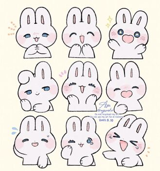 Rule 34 | > <, + +, :>, :3, :d, ;3, ;d, ^ ^, animal, animal focus, ayu (mog), blush stickers, closed eyes, commentary, commentary request, dated, english commentary, flying sweatdrops, mixed-language commentary, no humans, notice lines, one eye closed, open mouth, original, rabbit, signature, simple background, smile, sparkle, sweatdrop, teardrop, twitter username, watermark, xd, yellow background