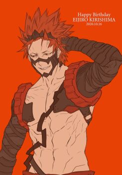 Rule 34 | 1boy, arm behind head, bambi krbk, boku no hero academia, character name, dated, happy birthday, hashtag-only commentary, highres, kirishima eijiro, male focus, navel, red background, red eyes, red hair, sharp teeth, simple background, smile, solo, superhero costume, teeth, toned, toned male
