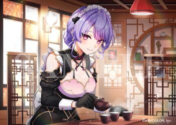 1girl ahoge black_dress black_gloves black_sleeves blush braid breasts china_dress chinese_clothes cleavage cleavage_cutout clothing_cutout colored_bangs commentary_request company_name copyright_notice cup detached_sleeves dress earrings eyelashes flower_earrings gloves gold_trim gradient_hair hanging_light holding holding_teapot indoors jewelry kozue_mone kozue_mone_(maid) lattice lens_flare light_particles long_sleeves looking_at_viewer maid maid_headdress mandarin_collar medium_breasts multicolored_hair nape_braid nijisanji official_alternate_costume official_art parted_lips pink_eyes pink_hair purple_hair qi_maid sample_watermark shelf shinishi_chiho sleeve_cuffs sleeveless sleeveless_dress smile solo standing steam table teacup teapot tray vase virtual_youtuber wall_lamp watermark window wooden_table