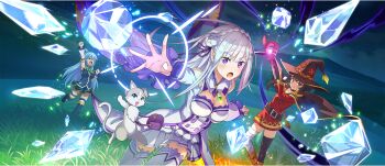 3girls aqua_(konosuba) aqua_eyes arm_up bag bandaged_leg bandages bare_shoulders belt belt_buckle belt_collar black_cloak black_gloves black_hat black_thighhighs blue_boots blue_hair blue_pupils blue_shirt blue_skirt blunt_bangs boots bow bowtie braid breasts brown_belt brown_hair buckle casting_spell cleavage cleavage_cutout clenched_hands cloak closed_eyes clothing_cutout collar collarbone crossover crown_braid cryokinesis detached_sleeves dress elf emilia_(re:zero) fingerless_gloves flower frilled_sleeves frills game_cg gem gloves grass green_bow green_bowtie green_gemstone grey_hair hair_flower hair_ornament hair_ribbon hair_rings hat high-low_dress highres holding holding_staff kono_subarashii_sekai_ni_shukufuku_wo! konosuba!_fantastic_days landscape leaning_forward leg_up light_blush long_hair long_sleeves looking_at_viewer low-tied_long_hair mage_staff magic medium_breasts megumin miniskirt multiple_girls off-shoulder_dress off_shoulder official_art open_mouth outdoors outstretched_arm pleated_skirt pointy_ears puck_(re:zero) purple_eyes purple_ribbon re:zero_kara_hajimeru_isekai_seikatsu red_dress red_eyes ribbon rose shirt short_dress short_hair short_hair_with_long_locks shoulder_bag sidelocks single_hair_ring single_thighhigh skirt skirt_under_dress sleeveless sleeveless_shirt small_breasts spirit staff standing standing_on_one_leg thigh_boots thighhighs v-shaped_eyebrows white_boots white_dress white_flower white_rose white_skirt white_sleeves white_thighhighs wide_sleeves witch_hat x_hair_ornament zettai_ryouiki