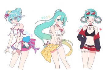 1girl adapted_costume aqua_eyes aqua_hair bead_necklace beads belt bikini bikini_under_clothes black_bikini blonde_hair commentary_request double_bun double_v eyewear_on_head gomau_(gomadareeee_) hair_bun hair_rings hand_in_pocket hatsune_miku heart high_ponytail highres jewelry long_hair looking_at_viewer magical_mirai_(vocaloid) magical_mirai_miku magical_mirai_miku_(2023) magical_mirai_miku_(2024) midriff multicolored_hair multiple_views navel necklace o-ring o-ring_bikini o-ring_top one_eye_closed open_mouth orange_sarong pink_skirt ponytail rectangular_eyewear red_shorts sarong short_shorts shorts simple_background skirt sunglasses swimsuit thigh_belt thigh_strap two-tone_hair two-tone_skirt v vocaloid white_background white_bikini white_skirt