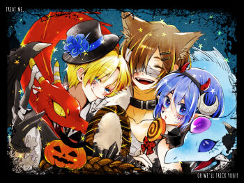 Rule 34 | 1girl, 2boys, ashton anchors, black gloves, blonde hair, blue hair, claude c. kenny, closed mouth, crescent, crescent hair ornament, dragon, gloves, hair ornament, halloween, halloween costume, highres, looking at viewer, multiple boys, open mouth, pointy ears, ponyo soa, pumpkin, rena lanford, short hair, smile, star ocean, star ocean: the second story, trick or treat