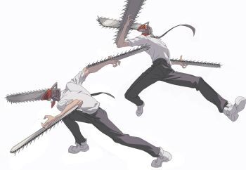 1boy black_necktie black_pants chainsaw chainsaw_devil chainsaw_man clenched_hands collared_shirt fighting_stance full_body highres kanknive male_focus multiple_views necktie open_mouth pants sharp_teeth shirt shoes sleeves_rolled_up sneakers solo teeth white_background white_shirt white_shoes