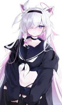 1girl absurdres adapted_costume alternate_costume animal_ear_fluff animal_ears black_coat black_eyes black_hairband black_shirt black_skirt black_thighhighs blue_archive blush braid candy_moon777 cat_ears coat coat_partially_removed collarbone colored_inner_animal_ears colored_inner_hair commentary cropped_shirt hair_over_one_eye hair_ribbon hairband highres kemonomimi_mode long_hair miniskirt multicolored_hair navel pink_hair plana_(blue_archive) ribbon sailor_collar shirt single_braid skirt sleeves_past_wrists solo sweat sweatdrop thighhighs very_long_hair white_background white_hair white_ribbon