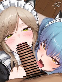 1boy 2girls absurdres ade_(nikke) animal_ears aqua_hair artist_name bar_censor black_shirt blush brown_hair cat_ears censored clothed_female_nude_male commentary_request cooperative_fellatio dark-skinned_male dark_skin fake_animal_ears fellatio ffm_threesome frills goddess_of_victory:_nikke green_eyes group_sex highres jelly_platinum long_hair looking_at_viewer maid maid_headdress multiple_girls nude open_clothes open_mouth oral orange_eyes penis privaty_(nikke) privaty_(unkind_maid)_(nikke) pubic_hair saliva shirt sidelocks teamwork_(sexual) threesome tongue tongue_out twintails veins veiny_penis watermark