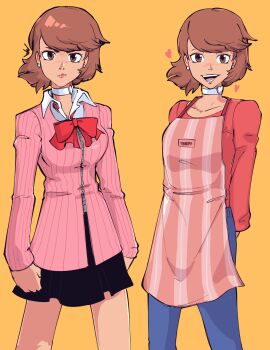 Rule 34 | 1girl, apron, breasts, brown eyes, brown hair, earrings, heart, jacket, jewelry, large breasts, lips, long sleeves, looking at viewer, official alternate costume, pants, persona, persona 3, plow (witch parfait), school uniform, short hair, skirt, takeba yukari, yellow eyes