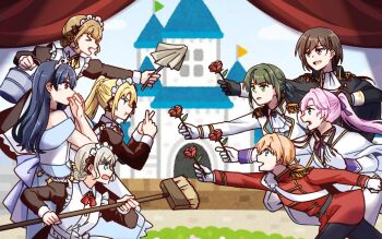 Rule 34 | > <, 6+girls, :d, anyoji hime, apron, black dress, blonde hair, blue dress, blue eyes, blue hair, braid, broom, brown hair, bucket, ceras yanagida lilienfeld, cho toutoi love, collared dress, commentary request, dress, duster, epaulettes, flower, green eyes, green hair, grey hair, hair bun, hinoshita kaho, holding, holding broom, holding bucket, holding duster, holding flower, jacket, juliet sleeves, kachimachi kosuzu, katsuragi izumi, link! like! love live!, long hair, long sleeves, looking at another, love live!, low side ponytail, maid, momose ginko, multiple girls, murano sayaka, off-shoulder dress, off shoulder, open mouth, orange eyes, orange hair, osawa rurino, ponytail, ponytail with braided base, potatopenggu, prince, princes (love live!), princess, puffy sleeves, red flower, red jacket, red rose, rose, ruri&amp;to (love live!), short hair, side braid, sidelocks, single hair bun, smile, tiara, virtual youtuber, white apron, x fingers