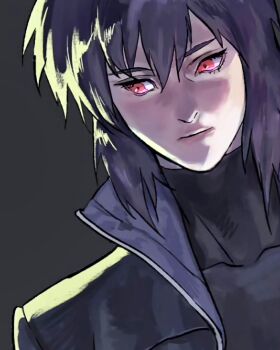 1girl absurdres breasts cropped_torso ghost_in_the_shell ghost_in_the_shell:_stand_alone_complex grey_background highres huangdanlan looking_to_the_side medium_breasts portrait purple_hair realistic red_eyes solo third-party_source