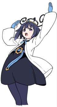 1girl :o arms_up belt belt_buckle black_belt black_dress blue_belt blue_gloves blush bob_cut buckle coat commentary_request dress gloves gwynn_(pokemon) hat highres long_sleeves looking_at_viewer nintendo o-ring o-ring_belt open_clothes open_coat open_mouth pantyhose partially_fingerless_gloves pokemon pokemon_legends:_z-a purple_eyes purple_hair purple_pantyhose short_hair solo teeth tonmoh two-tone_belt upper_teeth_only white_background white_coat