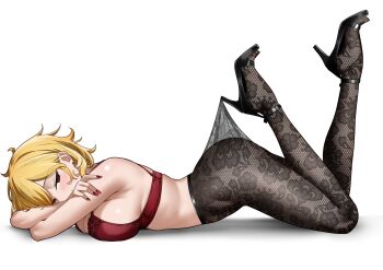 1girl absurdres ass black_pantyhose blonde_hair breasts feet_up full_body high_heels highres hololive hololive_indonesia kaela_kovalskia lace_pantyhose lace_pantyhose_hooked_on_heel_(meme) large_breasts looking_at_viewer lying medium_hair meme on_stomach pantyhose raikkonen red_eyes simple_background solo the_pose virtual_youtuber white_background