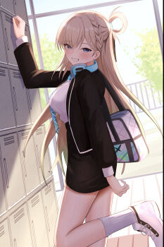 Rule 34 | 1girl, absurdres, arm up, bag, black jacket, black skirt, blonde hair, blue eyes, blue necktie, breasts, commentary request, from side, gs25, headphones, headphones around neck, high-waist skirt, highres, indoors, jacket, long hair, looking at viewer, looking to the side, lynae (wuthering waves), medium breasts, necktie, onabe no shime, school bag, shirt, shirt tucked in, shoes, skirt, smile, solo, turning head, white bag, white shirt, white shoes, wuthering waves
