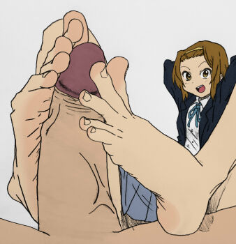 1boy 1girl :d absurdres arms_behind_head bare_legs barefoot brown_eyes brown_hair erection feet footjob grey_background happy highres k-on! murati2882_(artist) open_mouth penis school_uniform simple_background sitting skirt smile soles tainaka_ritsu teeth toes uncensored upper_teeth_only
