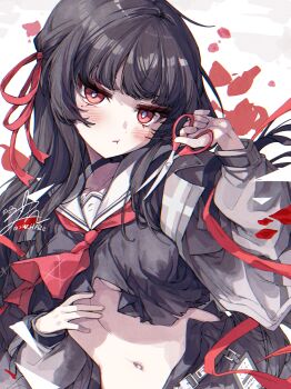 1girl :i black_choker black_hair black_jacket black_shirt blush breasts bright_pupils chisa_(wuthering_waves) choker chromatic_aberration commentary_request hand_up highres holding holding_scissors id_card jacket korean_commentary long_hair looking_at_viewer medium_breasts mole mole_under_eye navel neckerchief pout red_eyes red_neckerchief red_ribbon ribbon sailor_collar scissors shirt signature solo stomach sw_haze upper_body white_pupils white_sailor_collar wuthering_waves