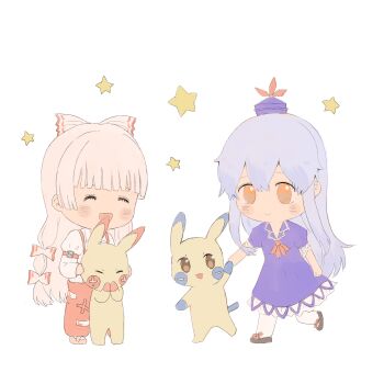 Rule 34 | 2girls, ^ ^, absurdres, arm belt, ascot, baggy pants, belt, belt buckle, black shoes, blue dress, blue hair, blue hat, blunt bangs, blush stickers, bow, buckle, chibi, chinese commentary, clenched hand, closed eyes, closed mouth, collared dress, collared shirt, commentary request, crossover, dress, eyelashes, footwear bow, frilled dress, frills, fujiwara no mokou, gen 1 pokemon, hair bow, happy, hat, highres, holding hands, juliet sleeves, kamishirasawa keine, lace, lace-trimmed dress, lace-trimmed sleeves, lace trim, lapels, long hair, long sidelocks, long sleeves, mary janes, medium dress, miaoliang01075, mini hat, multi-tied hair, multiple girls, multiple hair bows, nintendo, notched lapels, ofuda, ofuda on clothes, open mouth, orange eyes, pants, pantyhose, pikachu, pink shoes, pokemon, pokemon (creature), puffy short sleeves, puffy sleeves, red ascot, red belt, red bow, red pants, ribbon-trimmed bow, ribbon trim, shirt, shoes, short sleeves, sidelocks, simple background, smile, socks, standing, star (symbol), suspenders, touhou, very long hair, walking, white background, white bow, white hair, white pantyhose, white shirt, white socks