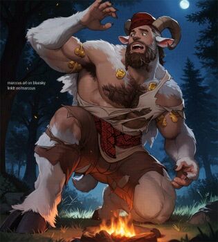 1boy animal_ears antlers armpits bara bare_pectorals beard body_fur braid braided_beard brown_hair commission curled_horns deer_antlers deer_boy deer_ears facial_hair fire forest from_below full_beard furrification furry gold horns large_pectorals male_focus marcus_(rnarccus) mature_male muscular muscular_male nature nipples original pectorals short_hair solo tail tarbus_(birb-dad) tearing_clothes thick_beard thick_chest_hair torn_clothes transformation