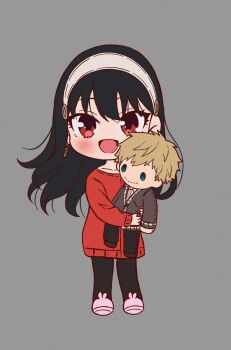 1girl black_hair blonde_hair blush character_doll doll hairband headband highres holding holding_doll holding_stuffed_toy hugging_doll hugging_object long_hair looking_at_viewer open_mouth pants pokianne red_eyes smile spy_x_family stuffed_animal stuffed_toy twilight_(spy_x_family) white_hairband yor_briar