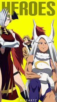 Rule 34 | 1boy, 2girls, animal ears, arms under breasts, artist logo, artist name, blonde hair, boku no hero academia, breasts, crossed arms, dark-skinned female, dark skin, dragon girl, feathered wings, feathers, gloves, green headband, hawks (boku no hero academia), headband, highres, jacket, logo, long hair, looking at viewer, mask over one eye, mirko, multiple girls, muscular, muscular female, purple thighhighs, rabbit ears, rabbit girl, red eyes, red feathers, red wings, rizeartz, ryuukyuu, short hair, signature, spiked hair, thigh strap, thighhighs, toned, toned female, white hair, wings