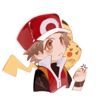 Rule 34 | 1boy, absurdres, anger vein, annoyed, black shirt, black sleeves, brown eyes, clenched hand, fiy1827565, gen 1 pokemon, hashtag-only commentary, hat, highres, male focus, nintendo, on shoulder, open mouth, pikachu, pokemon, pokemon (creature), pokemon frlg, pokemon on shoulder, portrait, red (pokemon), red hat, red vest, shirt, short hair, simple background, smile, vest, white background