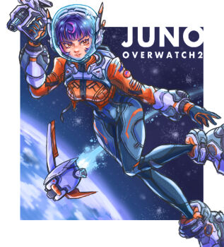 1girl blue_bodysuit bodysuit brown_eyes colored_shoe_interior commentary_request gloves helmet jacket jet_boots juno_(overwatch) mikepo multicolored_hair orange_jacket overwatch pink_hair purple_hair short_hair solo space_helmet two-sided_gloves