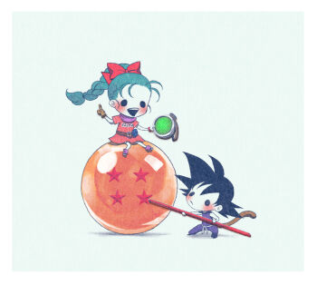 1boy 1girl aqua_hair belt_pouch black_hair blush border braid braided_ponytail bulma chibi commentary dragon_ball dragon_ball_(classic) dragon_ball_(object) english_commentary gloves holding holding_polearm holding_weapon lone_nape_hair open_mouth polearm pouch red_ribbon ribbon simple_background sitting smile son_goku weapon white_border yukikotsu