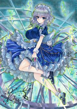 1girl ajimor apron back_bow between_fingers black_shoes blue_dress blue_eyes bow braid breasts commentary_request dress frilled_thigh_strap full_body green_bow grey_hair hair_bow highres holding holding_knife izayoi_sakuya knife knives_between_fingers large_breasts long_hair looking_at_viewer maid maid_headdress puffy_short_sleeves puffy_sleeves sample_watermark shoes short_sleeves signature socks solo thigh_strap touhou traditional_media twin_braids waist_apron watermark white_bow white_socks wrist_cuffs