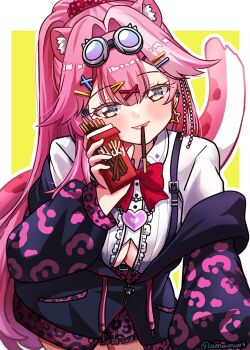 1girl amaimi animal_ears black_jacket breasts cat_ears cat_girl cat_tail cleavage cleavage_cutout clothing_cutout earrings food food_in_mouth grey_hair hair_ornament hairpin hololive hololive_english jacket jewelry large_breasts long_hair looking_at_viewer multicolored_hair pink_hair pocky pocky_in_mouth ponytail raora_panthera shirt skirt smile solo star_(symbol) star_earrings streaked_hair suspender_skirt suspenders tail virtual_youtuber white_shirt x_hair_ornament yellow_eyes