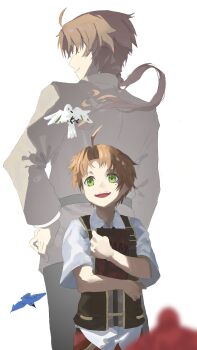 Rule 34 | 1boy, absurdres, aged up, ahoge, bird, blue bird, book, brown hair, green eyes, hand on own hip, highres, holding, holding book, liro, mole, mole under eye, mushoku tensei, ponytail, red bird, rudeus greyrat, smile, solo, white background, white bird