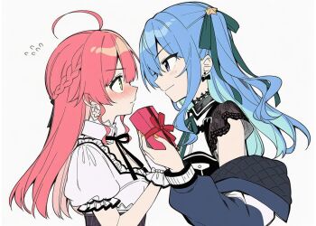 Rule 34 | 2girls, black dress, blue eyes, blue hair, blue jacket, blush, box, braid, closed mouth, collared shirt, commentary request, dress, earrings, eye contact, flying sweatdrops, green eyes, half up braid, holding, holding box, hololive, hoshimachi suisei, jacket, jewelry, kuronekoron, long hair, looking at another, multiple girls, off shoulder, pink hair, sakura miko, shirt, simple background, smile, valentine, virtual youtuber, white background, white shirt, yellow nails, yuri