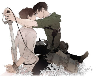 Rule 34 | 2boys, black hair, black pants, bound, bound wrists, brown hair, chest strap, commentary request, eren yeager, face-to-face, from side, full body, green shirt, holding, holding weapon, imminent kiss, levi (shingeki no kyojin), long sleeves, male focus, multiple boys, nyanko 33, pants, shingeki no kyojin, shirt, short hair, simple background, sitting, sleeves rolled up, teeth, three-dimensional maneuver gear, weapon, white background, white shirt, yaoi
