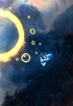 1boy air_bubble asphyxiation blue_fur bubble cerise_mara closed_mouth dark_background drowning furry furry_male gloves hedgehog_boy highres ocean ring_(sonic) shoes sinking solo sonic_(series) sonic_the_hedgehog underwater water