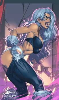 1girl black_bra black_cat_(marvel) black_lips black_panties bodysuit boots bra breasts chuck_pires collar domino_mask dressing eye_mask fangs felicia_hardy from_side fur-trimmed_boots fur-trimmed_gloves fur_trim gloves grey_hair highres large_breasts leaning_forward long_hair marvel mask open_mouth panties purple_eyes smile solo spider-man_(series) spiked_collar spikes toned toned_female underwear white_gloves white_panties