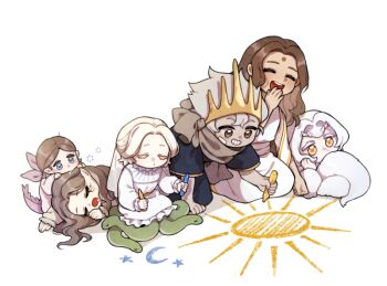 Rule 34 | 2boys, 4girls, :o, blue eyes, brown hair, character request, company captain yorshka, crown, dark souls (series), dark souls i, dark sun gwyndolin, donar0217, dragon tail, drooling, filianore (dark souls), grin, long hair, multiple boys, multiple girls, nameless king, priscilla the crossbreed, queen of sunlight gwynevere, short hair, short sleeves, simple background, smile, sun print, tail, teeth, white background, white hair, yellow eyes