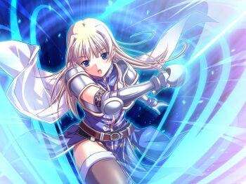 1girl armor blonde_hair blue_eyes breastplate brown_thighhighs cape cecilia_wainsearth dungeon_crusaderz earrings game_cg holding holding_sword holding_weapon jewelry long_hair looking_at_viewer m&amp;m_(mickey_and_mackey) open_mouth outstretched_arm pauldrons rapier shoulder_armor solo sword thighhighs weapon white_cape