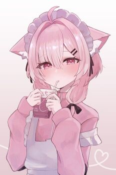 1girl ahoge alternate_costume animal_ear_fluff animal_ears apron black_ribbon blood blood_bag blush bow cat_ears cat_girl dot_nose drink drink_carton drinking drinking_straw drinking_straw_in_mouth frilled_apron frills gradient_background hair_between_eyes hair_bow hair_intakes hair_ornament hair_ribbon hairclip heart heart_of_string highres holding holding_drink jacket juice_box long_hair long_sleeves looking_at_viewer low_twintails mafuyu_(vrchat) maid maid_apron maid_headdress medium_hair milk_carton pink_background pink_eyes pink_hair pink_jacket pink_sweater pink_theme puffy_sleeves ribbon short_hair sidelocks simple_background sleeves_past_wrists solo strap_slip sweater track_jacket turtleneck twintails unconventional_maid upper_body vrchat white_apron white_background white_headdress yokuneru_x