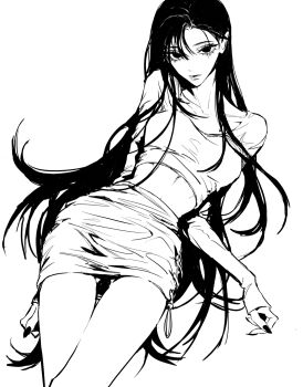 1girl arm_behind_back breasts closed_mouth cowboy_shot cropped_shirt fingernails greyscale hair_between_eyes highres long_hair looking_at_viewer midriff miniskirt monochrome original simple_background skirt small_breasts solo teeniika thighs white_background