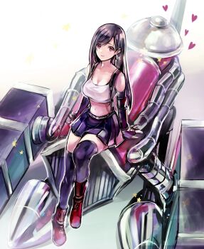 1girl absurdres bare_shoulders black_hair black_skirt black_thighhighs boots breasts crop_top detached_sleeves earrings final_fantasy final_fantasy_vii final_fantasy_vii_remake fingerless_gloves full_body gloves highres jewelry large_breasts long_hair looking_at_viewer machine machinery midriff navel red_boots red_eyes red_gloves shoji_sakura sitting skirt smile solo suspender_skirt suspenders tank_top thighhighs tifa_lockhart white_tank_top zettai_ryouiki