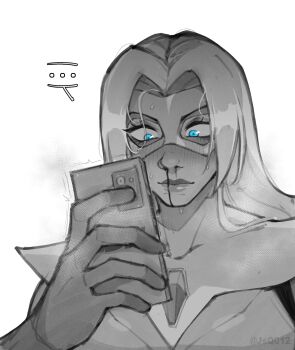 ... 1girl absurdres blonde_blazer blood blue_eyes cellphone commentary dispatch english_commentary greyscale highres holding holding_phone jsq012 long_hair monochrome nosebleed phone simple_background smartphone solo spot_color sweat upper_body white_background