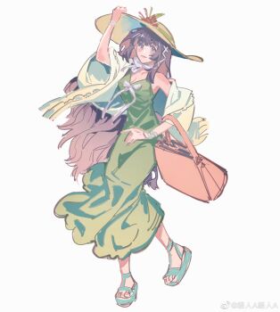 Rule 34 | 1girl, absurdres, aqua sandals, bag, blush, bow, bowtie, bracelet, breasts, brown hair, chinese commentary, choppy bangs, cleavage, closed mouth, commentary request, crabwzzzz, cropped jacket, dress, flower, full body, green dress, hair ribbon, hand on headwear, hat, hat flower, heroine (lovebrush chronicles), highres, holding, holding bag, jacket, jewelry, lipstick, long dress, long hair, long sleeves, looking at viewer, lovebrush chronicles, makeup, medium breasts, nail polish, off shoulder, orange bag, orange nails, pink lips, purple eyes, ribbon, sandals, simple background, single bare shoulder, sleeveless, sleeveless dress, smile, solo, standing, sun hat, sundress, toenail polish, toenails, tress ribbon, very long hair, white background, white bow, white bowtie, white jacket, white ribbon, wide sleeves, yellow hat