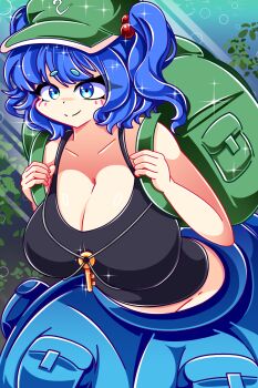 1girl backpack bag black_tank_top blue_eyes blue_hair blue_skirt breasts cleavage closed_mouth collarbone commentary curvy english_commentary flat_cap green_hat groin hair_bobbles hair_ornament hat highres huge_breasts iriya55 kawashiro_nitori key light_rays outdoors pocket short_eyebrows short_hair skirt smile solo tank_top touhou two_side_up variant_set