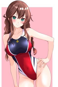 1girl absurdres alternate_costume blue_one-piece_swimsuit blush braid breasts brown_hair competition_swimsuit gluteal_fold green_eyes hand_on_own_hip highres kantai_collection large_breasts long_hair looking_at_viewer nitamako_(sakamalh) noshiro_(kancolle) one-piece_swimsuit pink_background red_one-piece_swimsuit solo swimsuit twin_braids two-tone_swimsuit white_background