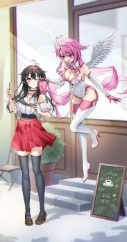 2girls absurdres ahoge antenna_hair bodysuit cafe commission commissioner_upload cup curtained_hair feathered_wings flying hairband high_heels highres holding holding_cup lilim_(sakura_cupid) mitsuki_(sakura_cupid) multiple_girls munzi_pangpang non-web_source off_shoulder pink_eyes pink_hair plaid_clothes plaid_skirt red_hairband sakura_cupid skirt thighhighs white_bodysuit wings yuri