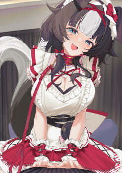1girl absurdres animal_ears bibi_biscuit blue_eyes bow breasts brown_hair cleavage cleavage_cutout clothing_cutout collar dog_ears dog_girl dog_tail fang girl_on_top hair_bow heart_cutout highres kebohan large_breasts leash medium_hair multicolored_hair open_mouth phase_connect red_bow red_collar second-party_source smile solo streaked_hair tail twintails virtual_youtuber white_bow white_hair