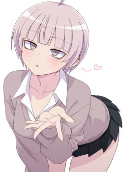 1girl ahoge black_skirt blowing_kiss blunt_bangs blush breasts cleavage collarbone collared_shirt commentary_request cowboy_shot earrings grey_eyes grey_hair grey_sweater hand_up heart highres jewelry long_sleeves looking_at_viewer medium_breasts miniskirt mole mole_under_eye open_hand original parted_lips pleated_skirt school_uniform shirt short_hair simple_background skirt solo standing stud_earrings sweater white_background white_shirt zack_(haiuinndo)