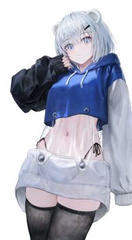 1girl animal_ears arknights arknights:_endfield aurora_(arknights) bear_ears bear_girl black_hoodie black_panties black_thighhighs blue_eyes blue_hoodie commentary cowboy_shot cropped_hoodie english_commentary flippy_(cripine111) grey_hoodie hair_ornament hairclip hand_up highleg highleg_panties highres hood hood_down hoodie long_sleeves looking_at_viewer midriff multicolored_hoodie navel panties panty_straps puffy_long_sleeves puffy_sleeves short_hair side-tie_panties simple_background snowshine_(arknights) solo thighhighs underwear white_background zettai_ryouiki