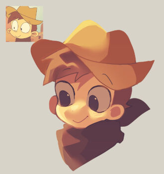 1boy animification black_eyes brown_hair brown_neckerchief commentary_request cowboy_hat cowboy_western cropped_head derivative_work dot_nose edd_(eddsworld) eddsworld edward_gold_(eddsworld) grey_background gutaro_(gtr_k) hat male_focus neckerchief official_alternate_costume reference_inset screenshot_inset screenshot_redraw short_hair simple_background smile solo