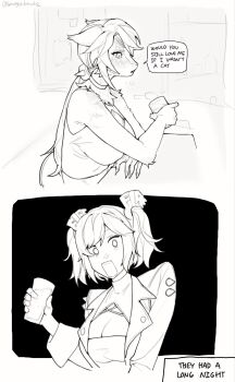 2girls animal_ears bare_arms breasts burnice_white cleavage cup furry furry_female greyscale highres holding holding_cup large_breasts long_hair looking_at_another meous monochrome multiple_girls open_mouth pulchra_fellini speech_bubble spiked_jacket tears twintails twitter_username yuri zenless_zone_zero