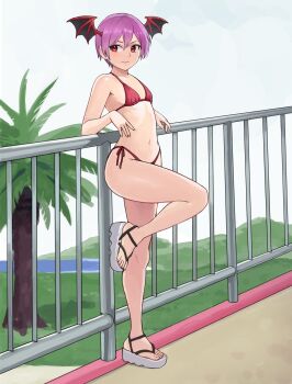 1girl absurdres arm_rest bat_wings bikini breasts closed_mouth commentary darkstalkers demon_girl english_commentary feet fence flat_chest full_body head_wings highres legs lilith_(darkstalkers) looking_to_the_side navel outdoors palm_tree parted_bangs platform_sandals purple_hair railing red_bikini red_eyes sandals short_hair side-tie_bikini_bottom small_breasts solo standing standing_on_one_leg stomach swimsuit toenails toes tree watcher_hollow wings
